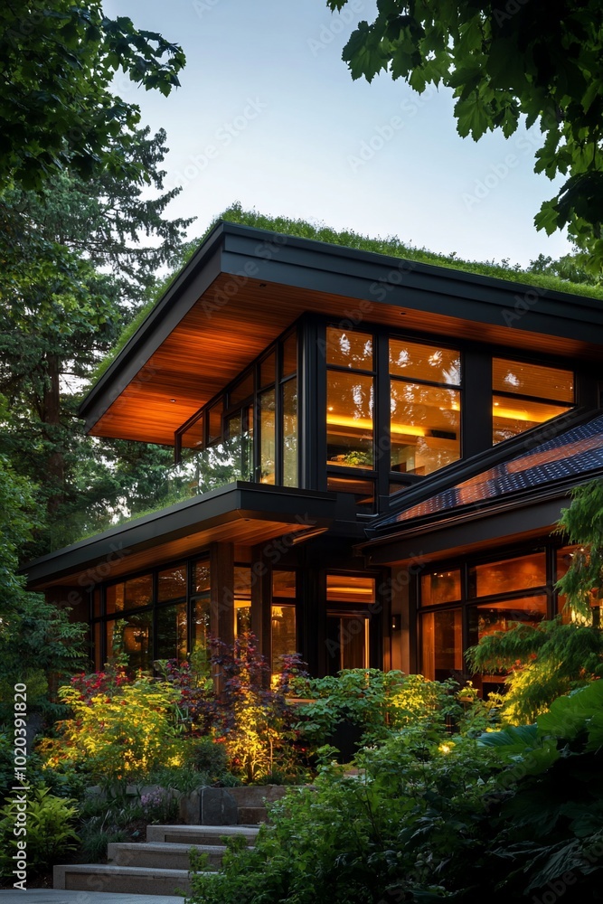Modern home with green roof and large windows illuminated at dusk. Modern home with green roof and large windows illuminated at dusk.