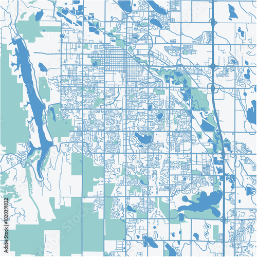 Map of Fort Collins in Colorado in a professional blue style. Contains layered vector with roads water, parks, etc.