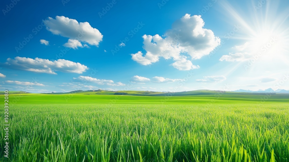 Green Grass Field, Blue Sky With Fluffy Clouds And Sun, Beautiful Landscape, Summer Background Green Grass Field, Blue Sky With Fluffy Clouds And Sun, Beautiful Landscape, Summer Background