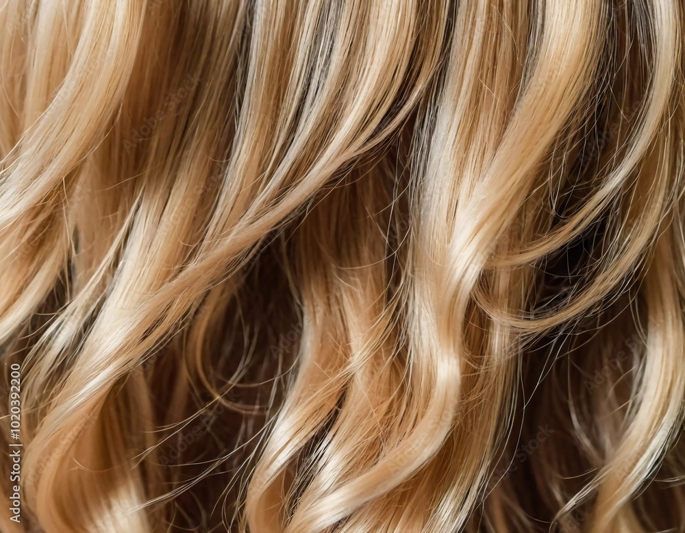 Fototapeta premium Soft, luminous curls highlighting the vibrant and healthy texture of the blond hair. The close-up captures the intricate details beautifully. Care cosmetics. Generative AI