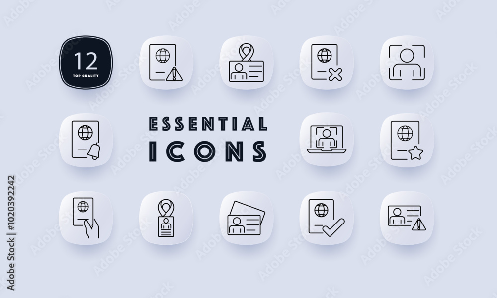 Identification set icon. Passport, ID card, warning symbol, verification, laptop with ID, approved document, alert icon. Ideal for identification, security, and document verification Identification set icon. Passport, ID card, warning symbol, verification, laptop with ID, approved document, alert icon. Ideal for identification, security, and document verification