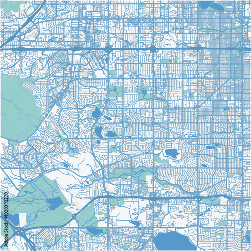Map of Lakewood in Colorado in a professional blue style. Contains layered vector with roads water, parks, etc.