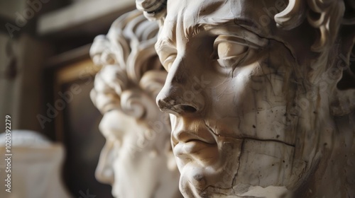 Marble busts, intricately carved with lifelike expressions, evoking a sense of history and artistry.