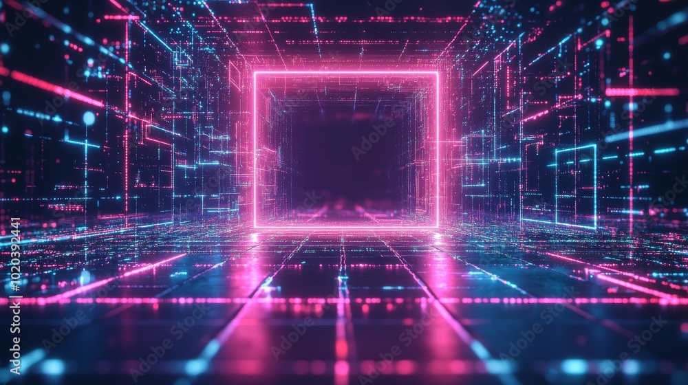 Abstract Neon Tunnel with Glowing Lines and Lights Abstract Neon Tunnel with Glowing Lines and Lights