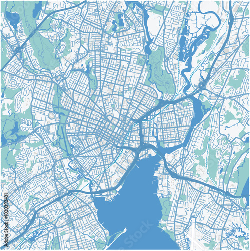 Map of New Haven in Connecticut in a professional blue style. Contains layered vector with roads water, parks, etc.