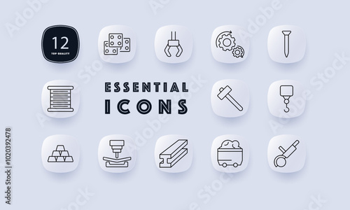 Manufacturing set icon. Dice, claw, gears, nail, hammer, crane hook, gold bars, machine, steel beam, mining cart. Suitable for manufacturing, industry, and construction themes