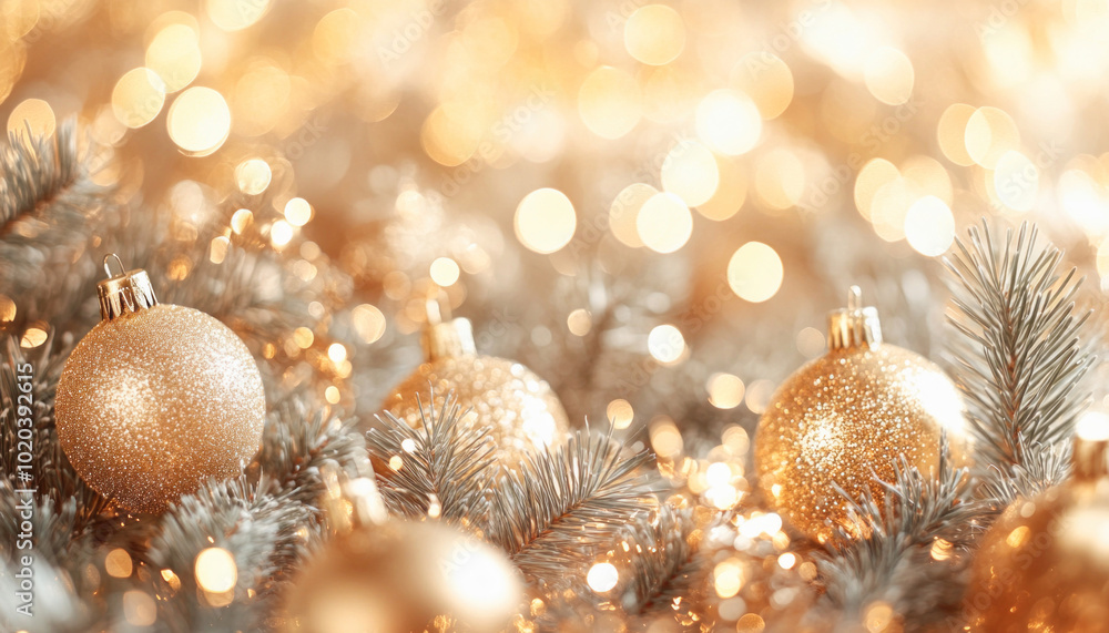Golden christmas ornaments resting on soft silver tinsel Golden christmas ornaments resting on soft silver tinsel