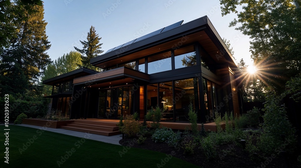 Modern home with solar panels on the roof, large windows and a deck. Modern home with solar panels on the roof, large windows and a deck.
