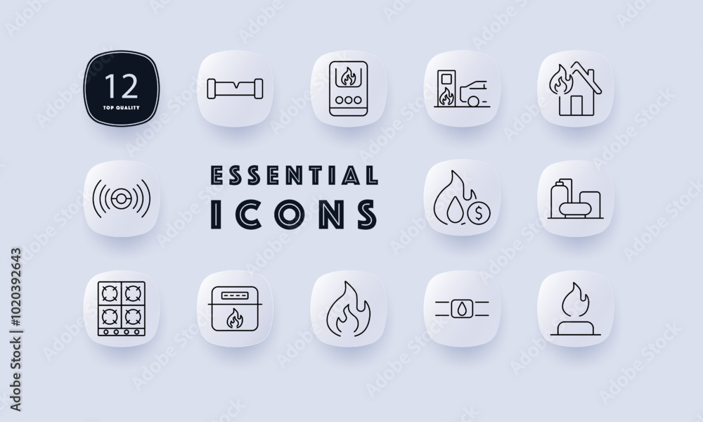 Gas set icon. Gas stove, fire safety, gas station, and fire extinguisher. Depicts symbols for energy consumption, fire hazards, and home heating systems Gas set icon. Gas stove, fire safety, gas station, and fire extinguisher. Depicts symbols for energy consumption, fire hazards, and home heating systems