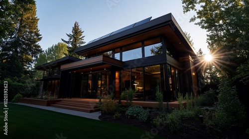 Modern home with solar panels on the roof, large windows and a deck.