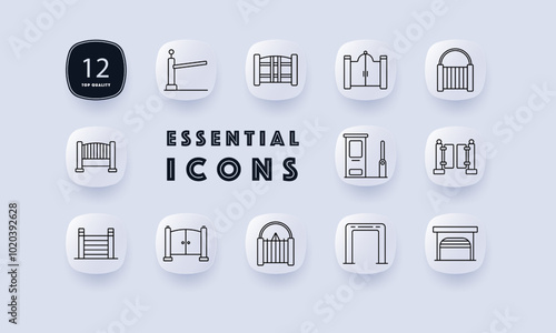 Gate set icon. Barrier, wooden fence, metal gates, driveway, and security gates. Icons depict various entry and access points for homes, public areas, or private properties