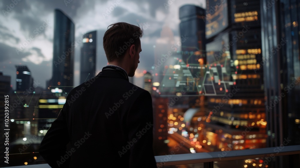 A man looks over city skyscrapers at dusk, reflecting on the urban landscape and endless opportunities below. A man looks over city skyscrapers at dusk, reflecting on the urban landscape and endless opportunities below.