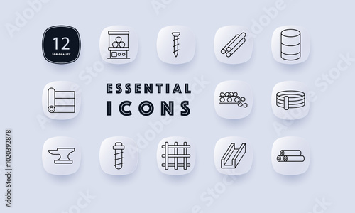 Industrial materials set icon. Metal sheets, screws, pipes, and factory equipment. Depicts construction materials, machinery, and manufacturing processes