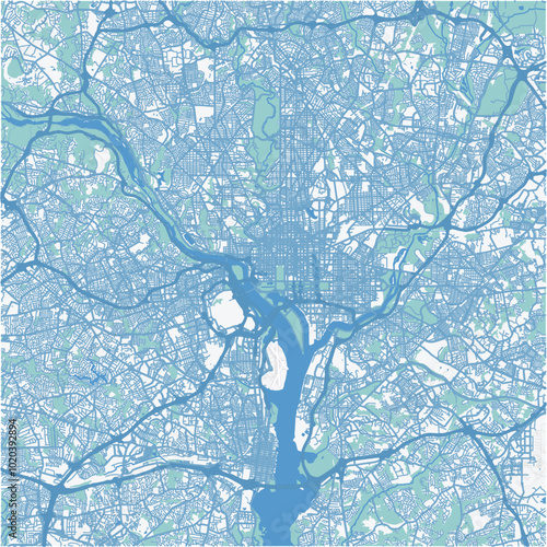 Map of Washington Metro in District of Columbia in a professional blue style. Contains layered vector with roads water, parks, etc.