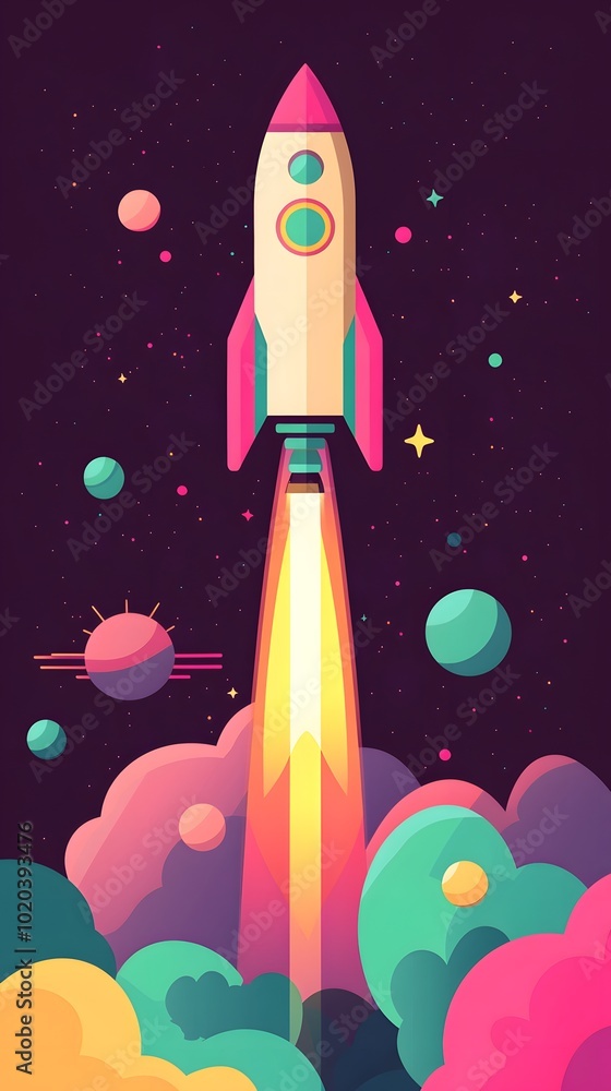 A pink rocket rises from colorful clouds, in a simple, flat illustration style with clean lines and vector graphics.