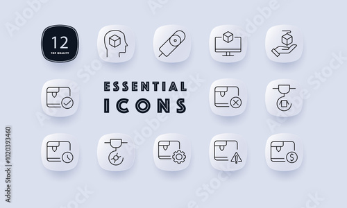 3D printing and production set icon. 3D printer, cube model, quality control, and design tools. Icons related to manufacturing and digital modeling processes