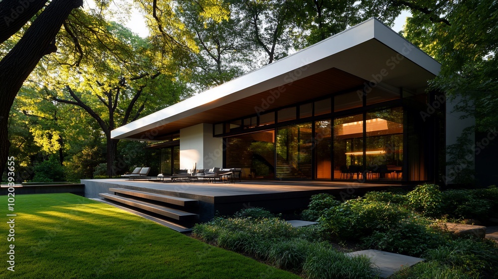Modern house with a large deck and patio overlooking a lush green lawn. Modern house with a large deck and patio overlooking a lush green lawn.