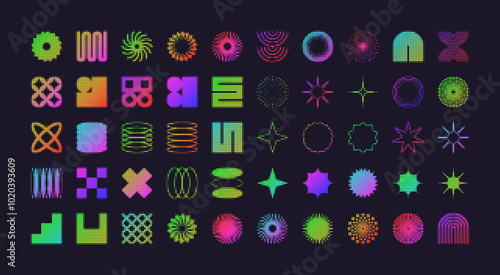 Brutalist geometric shapes, modern symbols with halftone effect. Colorful neon simple primitive elements and forms. Retro design, trendy contemporary minimalist style, y2k. Vector illustration