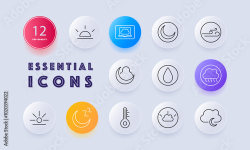 Weather and climate set icon. Shows sun, clouds, wind, rain, thermometer, and storm, representing different weather conditions and environmental changes
