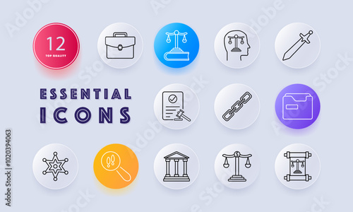 Law and justice set icon. Depicts briefcase, scales of justice, sword, courthouse, and legal documents, symbolizing the legal system, law enforcement, and judicial processes.
