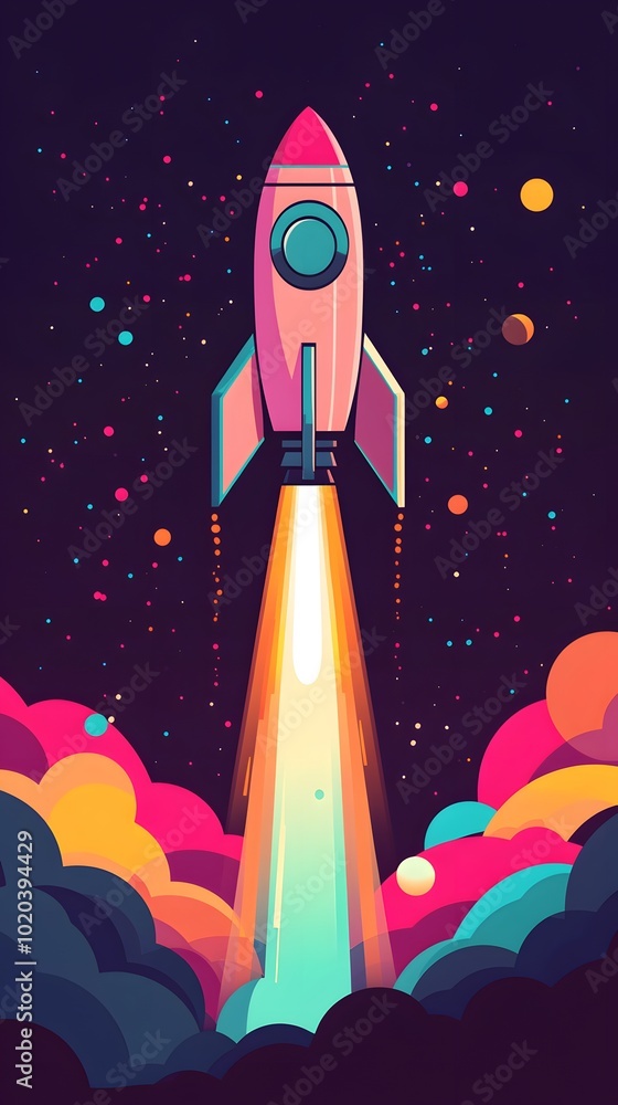 A pink rocket rises from colorful clouds, in a simple, flat illustration style with clean lines and vector graphics. A pink rocket rises from colorful clouds, in a simple, flat illustration style with clean lines and vector graphics.