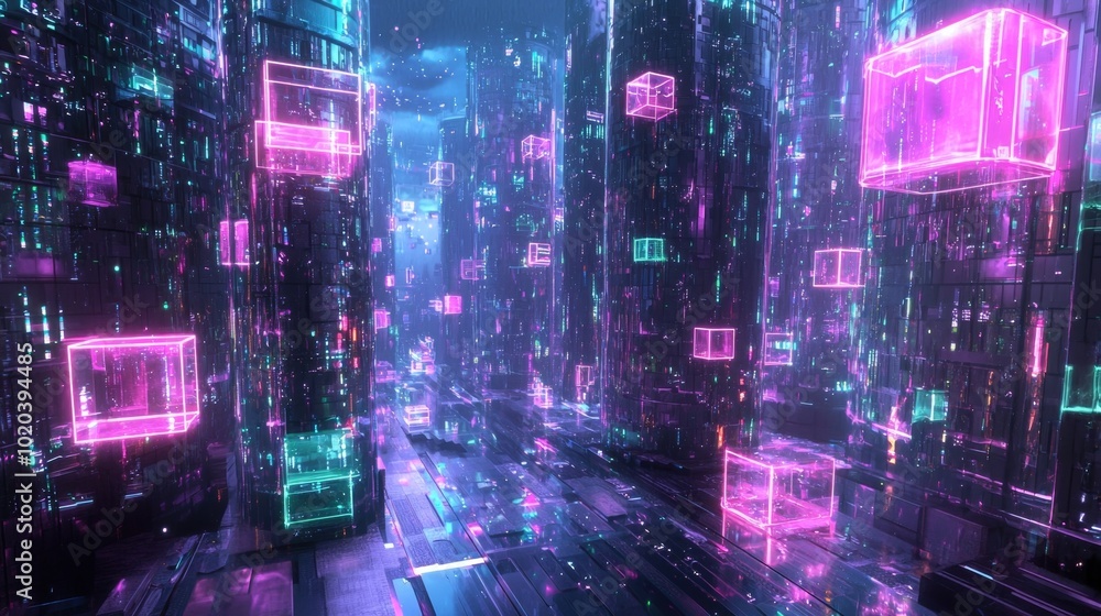 Futuristic Cityscape with Glowing Neon Lights and Towering Skyscrapers Futuristic Cityscape with Glowing Neon Lights and Towering Skyscrapers