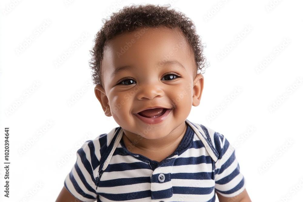 Smiling baby with striped shirt showing first teeth against white background Generative AI Smiling baby with striped shirt showing first teeth against white background Generative AI