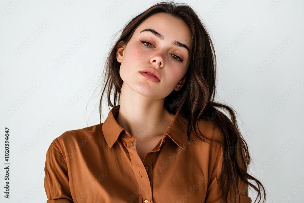 Photo of unhappy sad irish american woman wear brown shirt looking empty space isolated white color background Photo of unhappy sad irish american woman wear brown shirt looking empty space isolated white color background