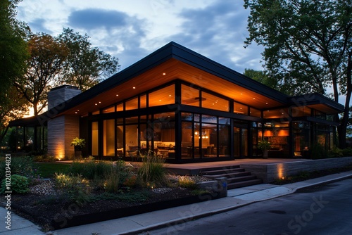 Modern house with large windows and a warm, inviting interior.