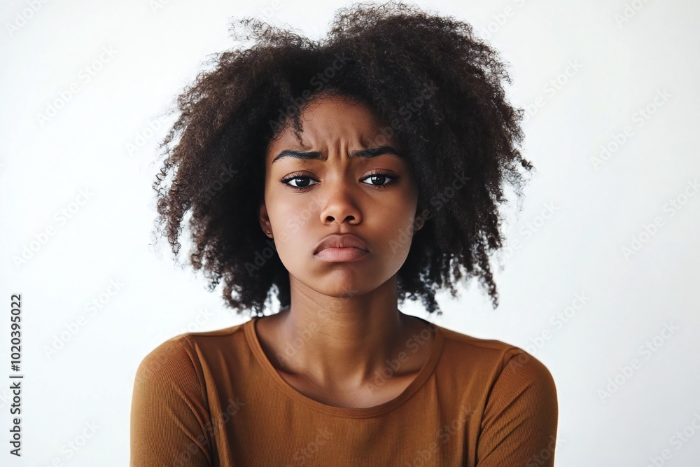 Photo of unhappy sad african american woman wear brown shirt looking empty space isolated white color background Photo of unhappy sad african american woman wear brown shirt looking empty space isolated white color background