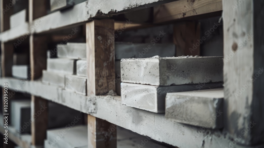 Sturdy concrete slabs are perfectly aligned on wooden shelves in a dimly lit storage area, showcasing industrial strength and order. Sturdy concrete slabs are perfectly aligned on wooden shelves in a dimly lit storage area, showcasing industrial strength and order.