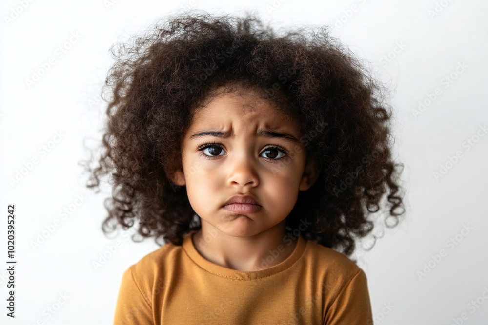 Photo of unhappy sad african american girl wear brown shirt looking empty space isolated white color background Photo of unhappy sad african american girl wear brown shirt looking empty space isolated white color background