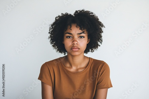 Photo of unhappy sad african american woman wear brown shirt looking empty space isolated white color background