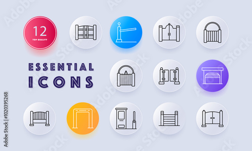 Gate barriers set icon. Fence, barrier arm, doors, arched, stanchion, garage door, turnstile, toll booth, wooden gate, dual gate