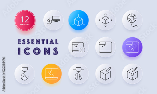 3D printing and design set icon. Printer, cube model, design process, and 3D technology. Icons depict printing, digital modeling, and prototyping tools.