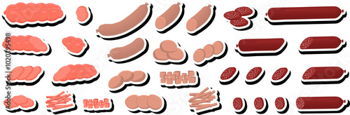Illustration on theme big set different types delicatessen meat sausages