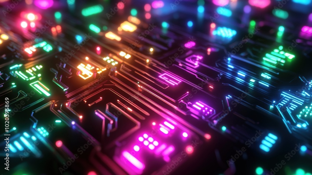 Futuristic Metallic Circuit Board with Randomized Colorful Illumination Futuristic Metallic Circuit Board with Randomized Colorful Illumination