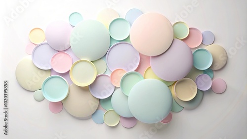 Abstract composition of pastel circles overlapping on white background with soft shadows