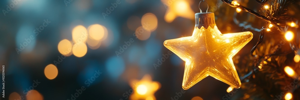 Golden star-shaped Christmas ornament hanging on a tree with soft bokeh lights in the background. Warm, glowing ambiance for holidays. Golden star-shaped Christmas ornament hanging on a tree with soft bokeh lights in the background. Warm, glowing ambiance for holidays.