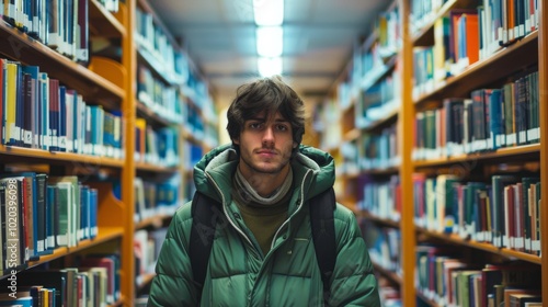 Wallpaper Mural A young man stands thoughtfully in a library aisle, surrounded by books on tall wooden shelves, capturing a moment of introspection and knowledge. Torontodigital.ca