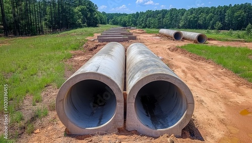 Wallpaper Mural Photograph of Large Concrete Pipes Being Constructed for Water and Gas Transportation, Showcasing the Extensive Distance They Cover Torontodigital.ca