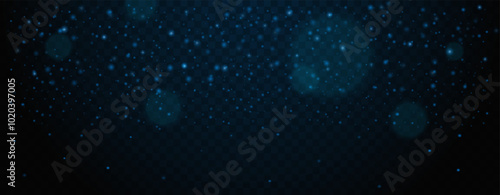 Dark blue glowing particles on transparent background. Abstract glittering dust and sparkling lights, bokeh effects