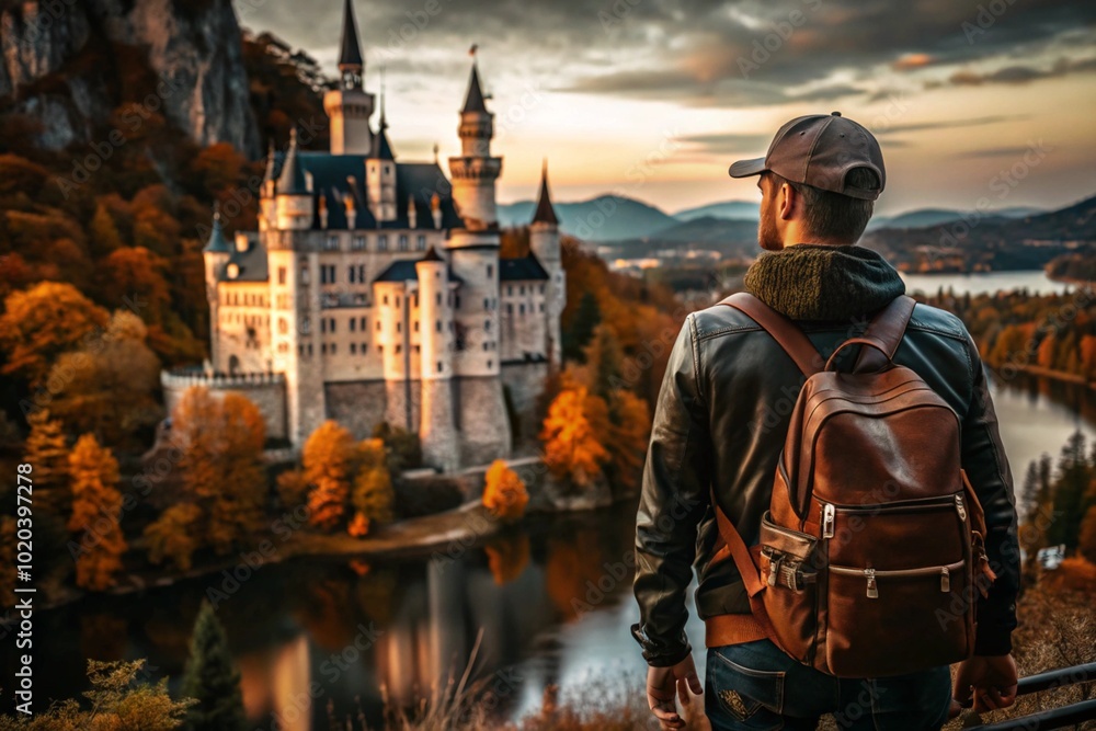 A male traveler with a backpack on the background of a huge castle in the autumn forest in the mountains. The guy travels and enjoys life and the environment. Tourism. A male traveler with a backpack on the background of a huge castle in the autumn forest in the mountains. The guy travels and enjoys life and the environment. Tourism.