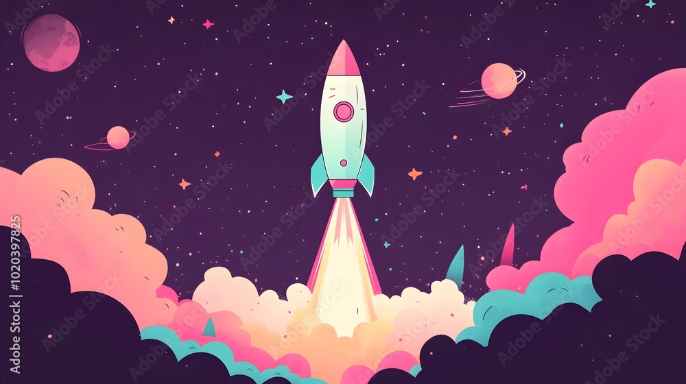 A pink rocket rises from colorful clouds, in a simple, flat illustration style with clean lines and vector graphics. A pink rocket rises from colorful clouds, in a simple, flat illustration style with clean lines and vector graphics.