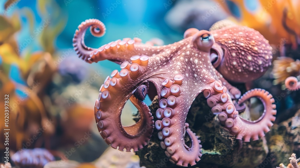 Obraz premium A vibrant octopus elegantly entwines its tentacles among coral, showcasing the marvel of marine life and underwater beauty.