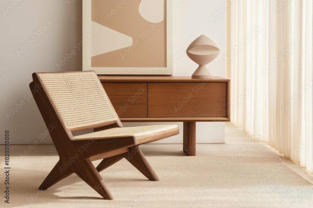 Fototapeta premium Scandinavian-Inspired Sideboard with Rattan Accents, Complemented by Elegant Wooden Armchair and Abstract Art Pieces on the Wall, Creating Stylish Home Decor Composition in Neutral Tones