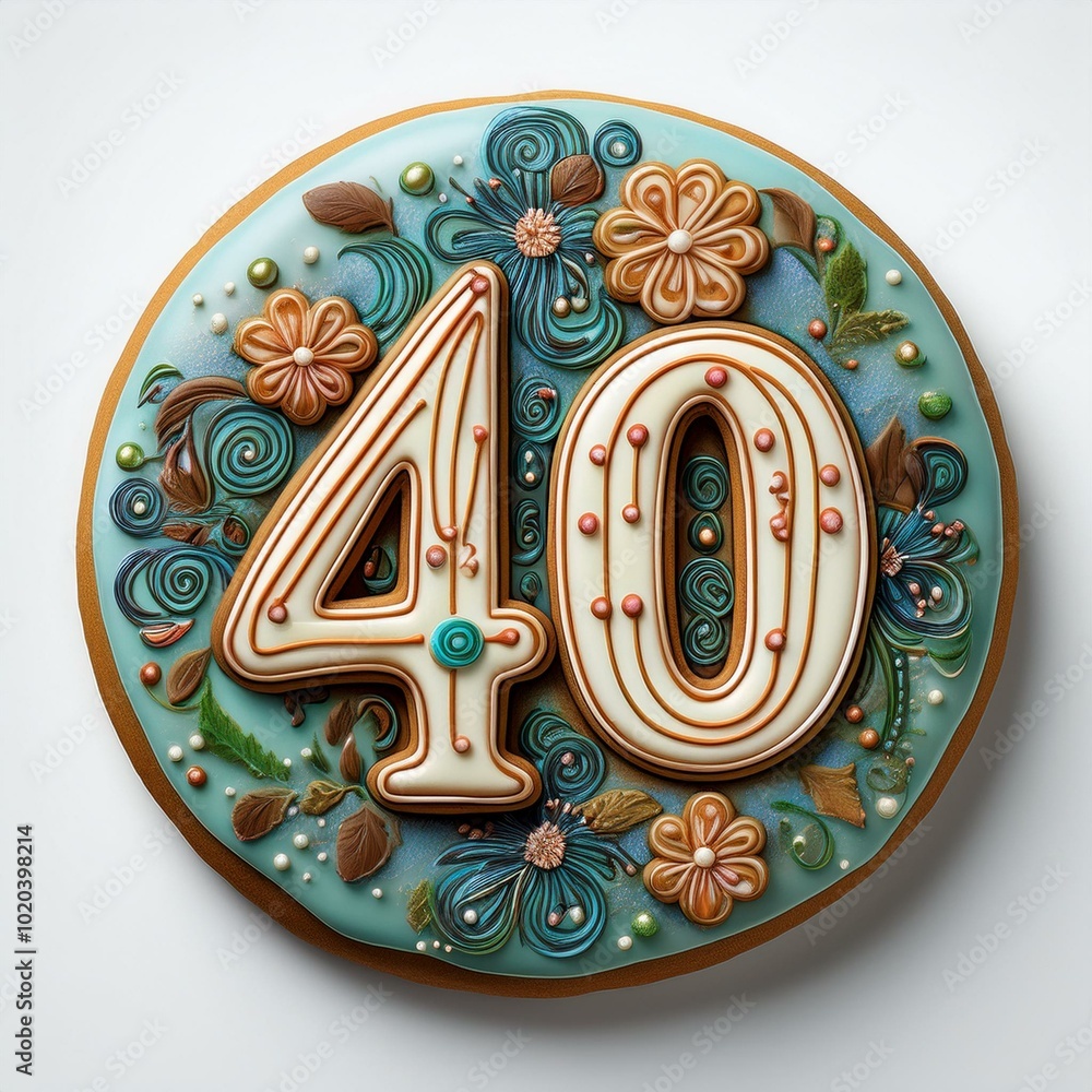 Decorated cookie, number 40, illustration for birthday or anniversary celebration Decorated cookie, number 40, illustration for birthday or anniversary celebration