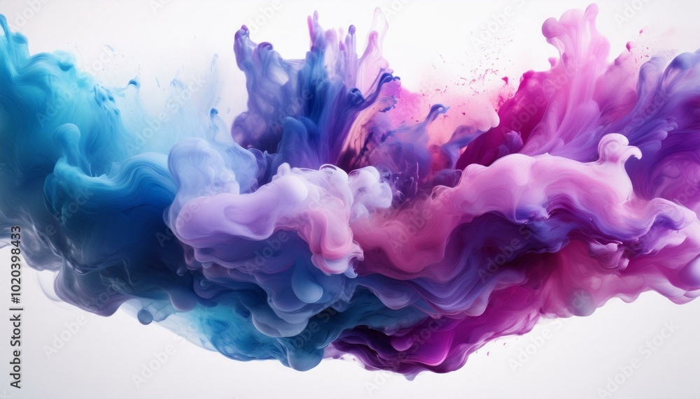 Acrylic ink cloud in water, abstract smoke with purple, blue, and pink tones on a white background. Acrylic ink cloud in water, abstract smoke with purple, blue, and pink tones on a white background.
