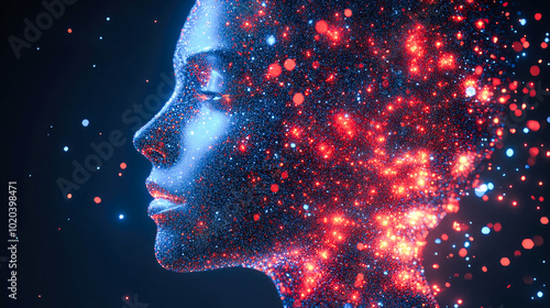 A digital artwork showing a vibrant and abstract face made entirely from glowing particles in a cosmic style.