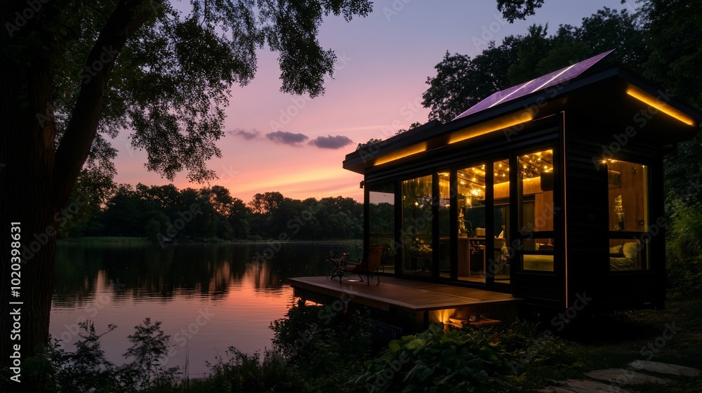 Modern tiny house with solar panels on a lake at sunset. Modern tiny house with solar panels on a lake at sunset.